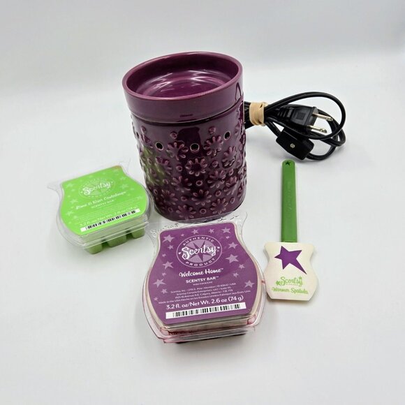 Scentsy Wax Warmer Cosmos Purple Floral Retired Embossed Full Sized Wax … - Picture 2 of 14